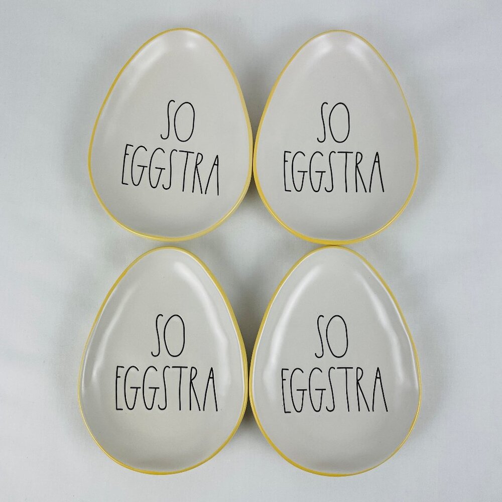 Rae Dunn "SO EGGSTRA" Egg Shaped Appetizer Plates - Set of 4 Yellow Trim
